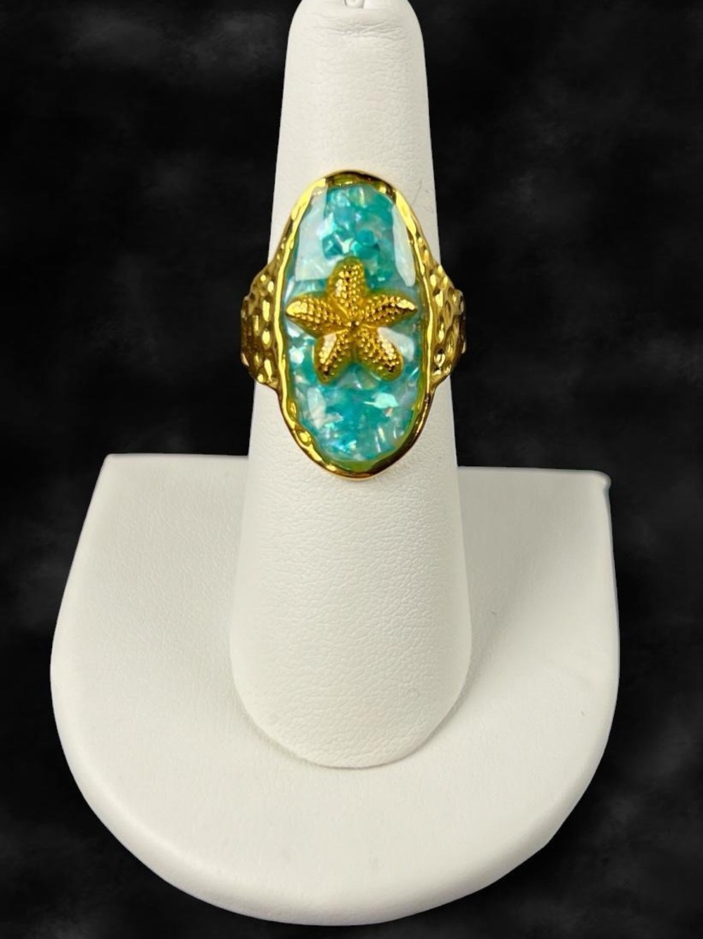 Gemini Jewelry 18K PVD Gold Starfish Aqua Statement Ring Size 7